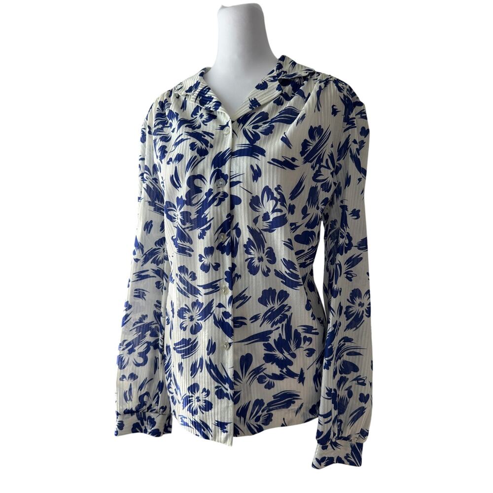 Vintage ‘80s Graff Californiawear Blue & Ivory Button Front Long Sleeve Blouse